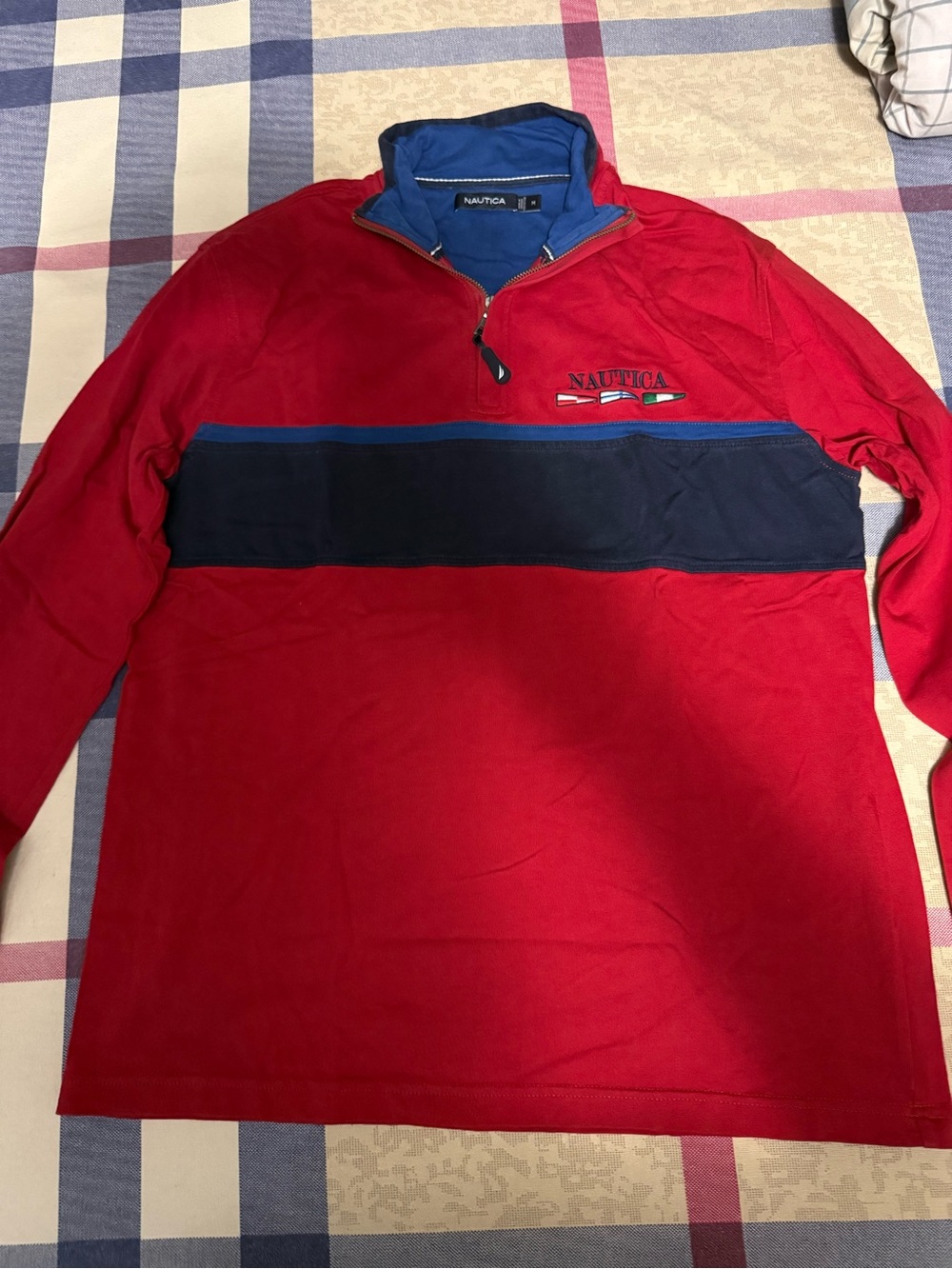 Nautica Men’s Red and Navy Zip-Up Pullover Sweater (M)